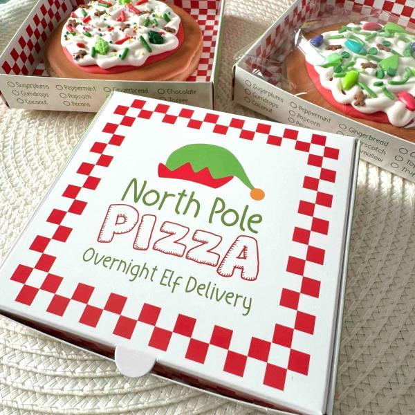 Cookie Pizza Box “North Pole Pizza” – 4″ x 4″ x 7/8″ Cookie Packaging Box